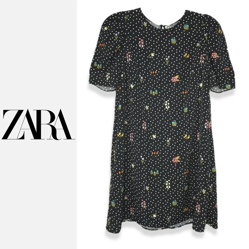 ZARA BASICS Short Sleeve Black Ditsy Floral Shift Dress with Pockets, Size S - Picture 2 of 15